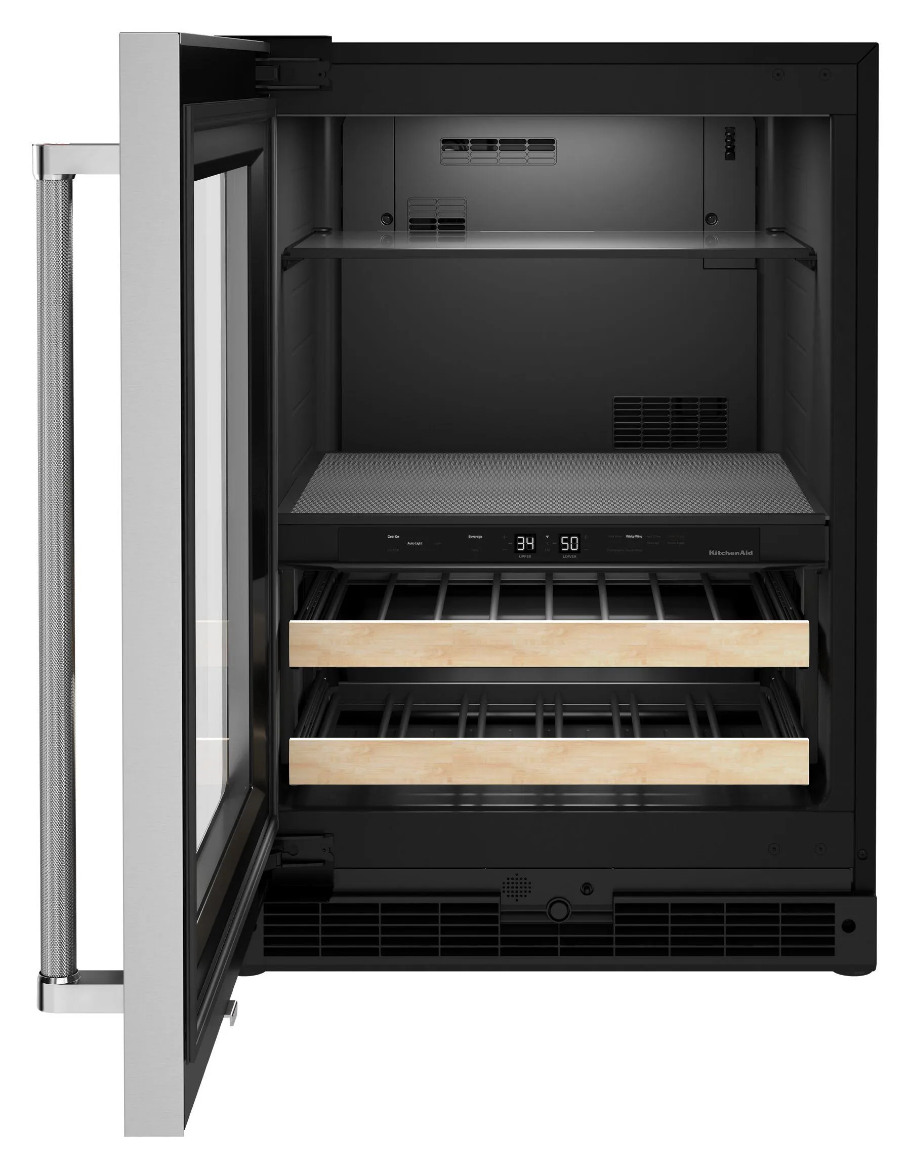 Kitchenaid KUBL214KSB 24 Beverage Center With Glass Door And Wood-Front Racks - Black Cabinet/Stainless Doors